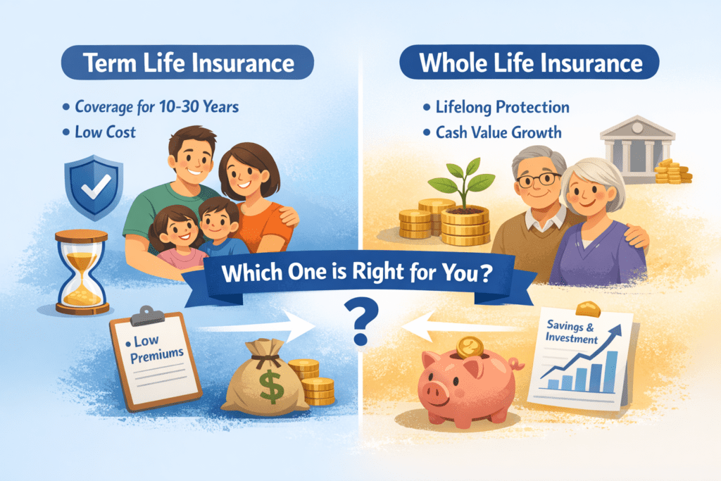 Illustration comparing Whole Life Insurance vs Term Life Insurance with cash value and protection concepts
